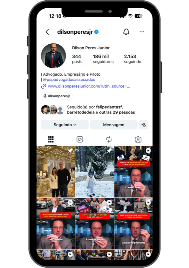 Perfil de @dilsonperesjr hoje, resultado da consultoria Viral Mind Labs
